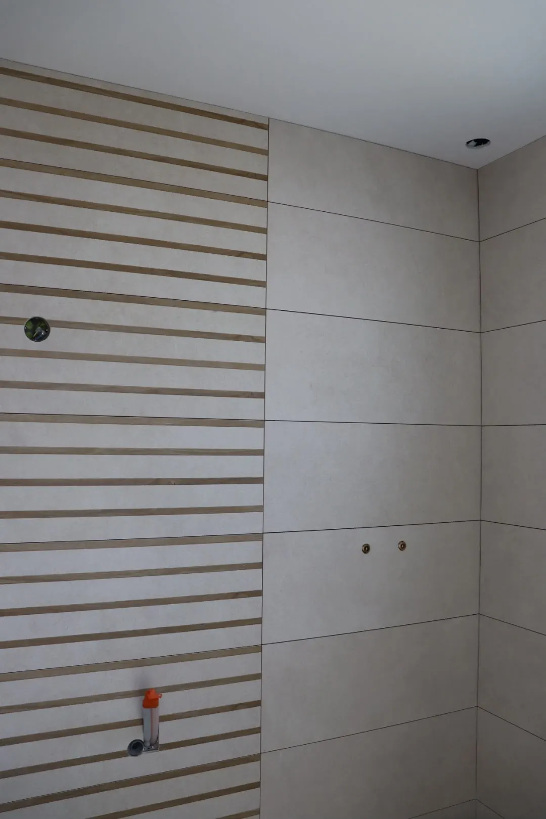 Douche grand format et bandes effet bois